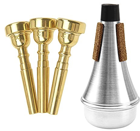 Yootones Trompetenmundstück (3C 5C 7C) mit Trompeten-Schalldämpfer, kompatibel mit Yamaha Bach Conn King Trompete Ersatz Musikinstrumente Zubehör (Gold)