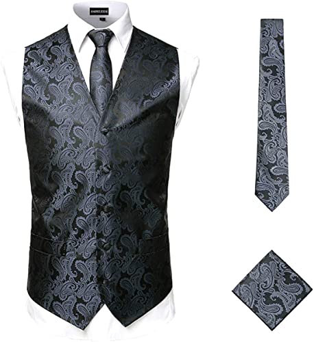 PARKLEES Klassische Herren-Weste, 3-teilig, Paisleymuster, Krawatte, Einstecktuch, Set, Hochzeit, Abschlussball, Party, Weste für Anzug oder Smoking, anthrazit, S