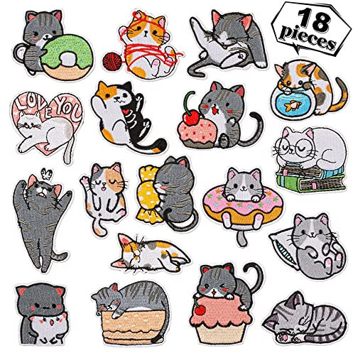 WSNDM 18 St Patches zum Aufbügeln, Stickerei Applikation Flicken, Süßes Katzenmuster, DIY Kleidung Patches Aufkleber, Flicken für Kinder und Erwachsene, für T-Shirt Jeans Kleidung Taschen