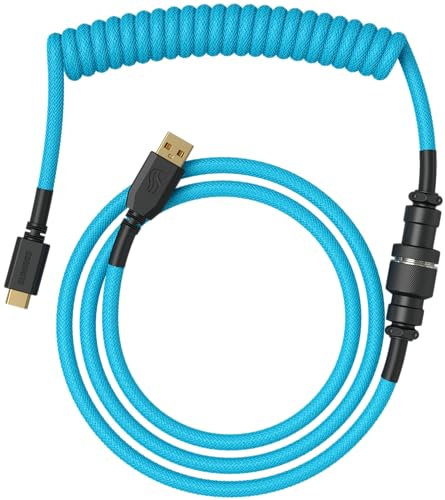 Glorious Gaming Câble de clavier spiralé Premium - Prise plaquée or USB-A (PC) à USB-C (clavier), anti-emmêlement, manchon double tressage, connexion intermédiaire aviation à 5 broches - Electric Blue
