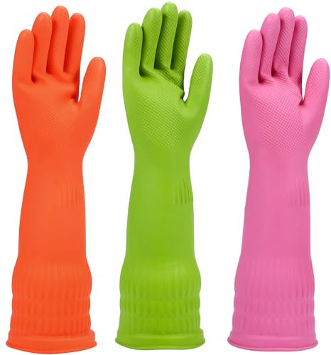 Gummi-Geschirrspülhandschuhe 3 Paar für die Küche, Reinigung von Geschirrhandschuhen, lang für Haushalt, wiederverwendbar, langlebig, klein, mehrfarbig