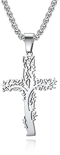 Collier pour homme avec pendentif croix arbre de vie en acier inoxydable - 55 cm, Acier inoxydable, Pas de gemme