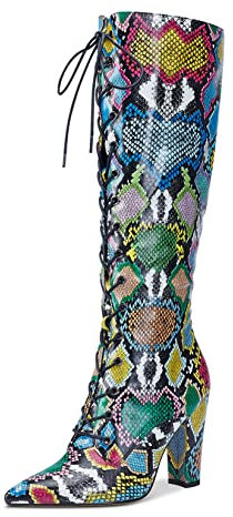 Castamere Stivali Donna polpaccio Lacci Cerniera Boots Tacco a Blocco 10CM High Heels Blu Serpente Scarpe EU 42