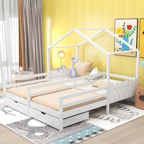 FEZTOY Kinderbett 90x200, Hausbett Kinder mit 2 Schubladen auf Rollen, Kinderbett Für 2 Kinder, Hausbett, Doppelbett, Spielbett, Jugendbett, Etagenbett, Massivholz, weiß