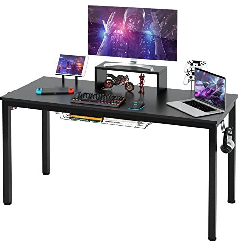 COSTWAY Scrivania da Gaming da 140 cm, Scrivania Ergonomica con Portabicchieri, Mensola per Monitor, Gancio per Cuffie, Cestino Portaoggetti, Scaffale per Supporti Multimediali e Piedini Regolabili