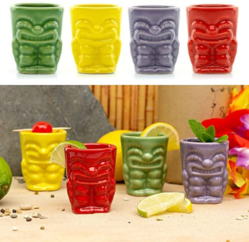 CKB LTD Ceramic Tiki Bar Shot Glasses 50ml Pack of 4 Drinking Shooters Novelty Small Spirit Drinking Tumblers – Ideal for Hawaiian Party Coloured Ceramic 50ml