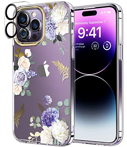 luolnh Compatible with iPhone 14 Pro Case with Flowers,for Girly Women,Shockproof Clear Floral Pattern Hard Back Cover for iPhone 14 Pro 6.1 inch-White&Purple Hydrangeas
