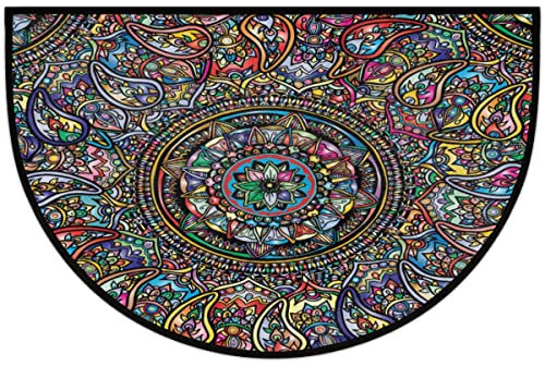 Boho Mandala Floral Half Round Door Mat, Ethnic Non-Slip Half Circle Area Rug Doormat Washable Half Moon Rug Indoor Entrance Doormat for Kitchen Bedroom Home Decor