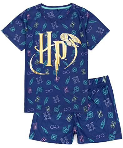 Harry Potter Kids Pyjama Set | Navy Blue Short Sleeve T-Shirt & Shorts PJs For Girls | Gold Foil Logo Loungewear with All Over Print | Hogwarts Nightwear Merchandise Gift for Children