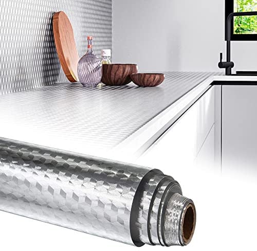 Kitchen Oil Proof Stickers, TANCUDER 40CM*3M Waterproof Aluminum Foil Stickers Peel and Stick Kitchen Stove Sticker Back Plastic Self Adhesive Wallpaper Roll Moisture-proof Metallic Shelf Liner