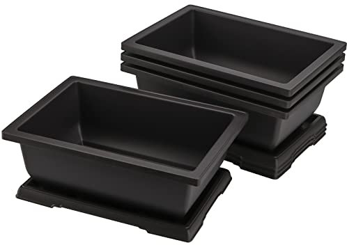 HEIHAK Paquete de 4 macetas grandes para bonsái, macetas rectangulares de entrenamiento de bonsái de plástico con bandejas, maceta de bonsái para cultivo de árboles de flores para suministros de
