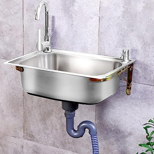 Edelstahl Waschbecken Wandmontierte Einzelbecken Spülbecken, Ausgussbecken Mit Wasserhahn Kommerzielles Waschbecken Einfaches Küchenspüle,Für Waschküche Restaurant (48x35cm)