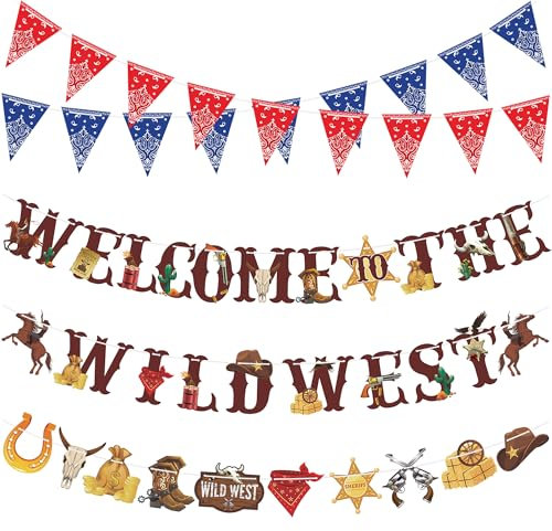 5 Stück Western-Party-Banner – Wilder Westen-Wimpel und Cowboy-Bandana-Banner – Willkommen im Wilden Westen Girlanden – hängende Dekorationen für Western-Cowboy-Geburtstagsparty-Zubehör