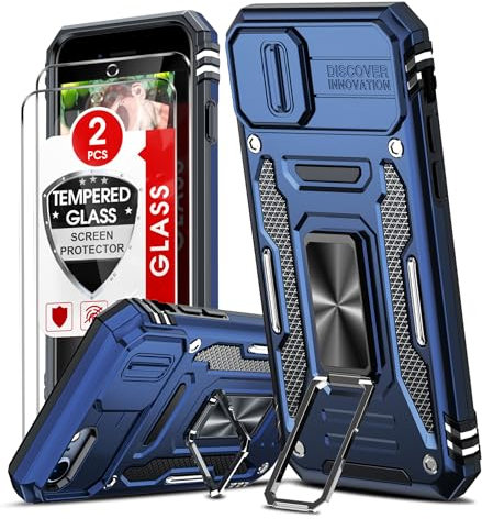 LeYi Coque pour iPhone SE 2022/2020, iPhone 8/7 Antichoc avec Protection Caméra Coulissante+2*Verre Trempé+Anneau Support, Étui de PC Dur et TPU Silicone Militaire Anti-Rayures Coque SE 2022-Bleu