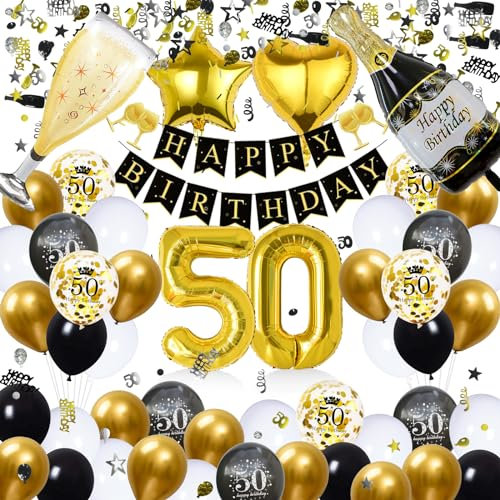 Waziwe Deko 50. Geburtstag Mann frau, Luftballons Schwarz Gold，50. Geburtstagsballons in Verschiedenen Formen und Farben, Geburtstagsbanner und Tischdeko Machen Ihren Tag Unvergesslich