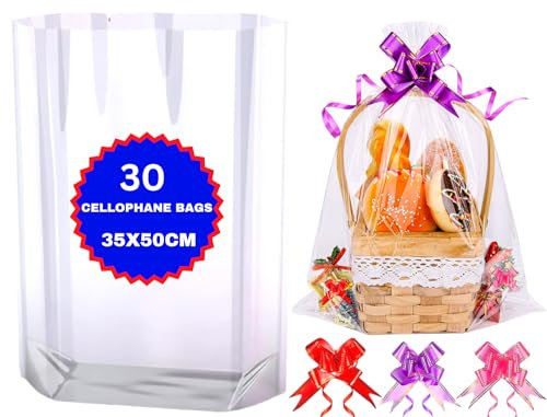 MAARA Clear Cellophane Bags Large, Pack Of 30, Clear Gift Bags (35x50CM/14X20) With 30 Pull Bows, Large Cellophane Basket Hamper Wrap For Packaging