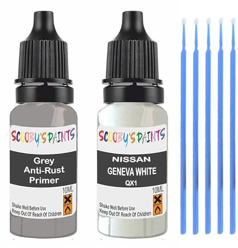 SCOOBYS PAINTS BACK IN THE MIX Touch Up Paint For Nissan Geneva White Qx1 Scratch Stone Chip Repair With Grey Primer