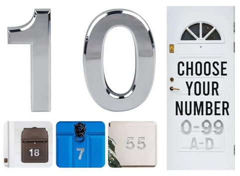 Silver Door Numbers Stick On, 0-99, Letters A, B, C, D, 3'' House Numbers Self Adhesive Stickers, For Doors, Mail Boxes, Hotel Rooms (10)