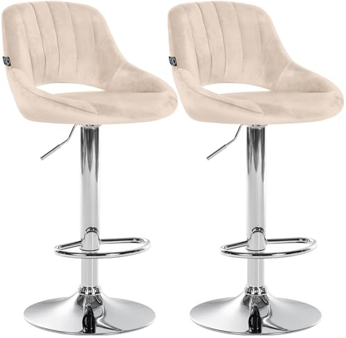 CLP Barhocker 2er Set höhenverstellbar mit Lehne Milet, Barstühle gepolstert Samtbezug, Tresenstühle mit Metallgestell drehbar Farbe Creme Material Gestell Metall in Chromoptik