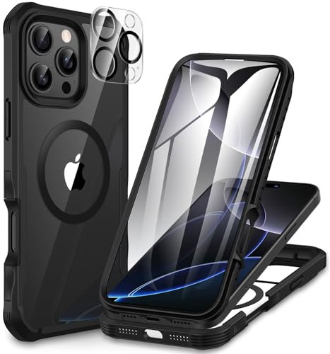 CENHUFO Compatible with iPhone 16 Pro Case Fits for Magsafe, Built-in Glass Screen Protector with Camera Lens Protector, 360 Full Body Protective Phone Case for iPhone 16 Pro 6.3 Inch -Black