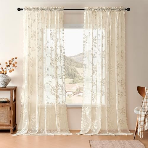 Tende in pizzo beige, lunghe 240 cm, 2 pannelli, trasparenti, motivo floreale, per soggiorno, camera da letto, tasca per asta, tende filtranti la luce, decorazione francese per finestra, per sala da