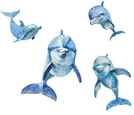 SUPERDANT Wandsticker Aquarell Delfin Wandaufkleber Blauer Delfin Wandtattoo 4 Stück Niedliche Meerestiere Vinyl Wandsticker Dekor DIY Wanddekoration Für Kinderzimmer Kleinkinderzimmer Babyzimmer