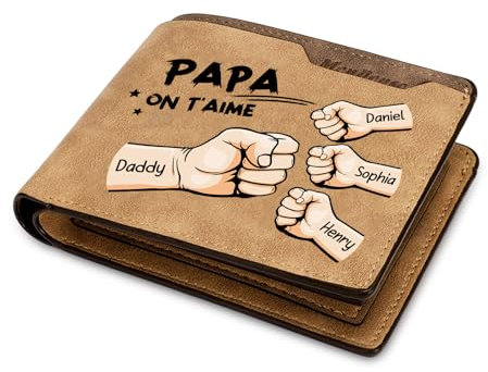 Lam Hub Fong Personnalisé Papa Portefeuille en Cuir Portefeuille avec Noms Gravé Papa Cadeau Fête des Pères Noël Anniversaire