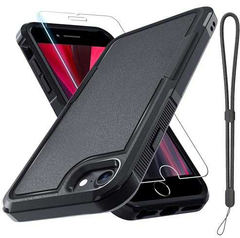 RMOCR Case for iPhone 8/7/SE 2022 2020, with Screen Protector,Military Grade Heavy Duty Shockproof Phone Cover with Wrist Lanyard Strap for iPhone 8/7/SE 2nd 3rd 4.7 inch,Black Matte