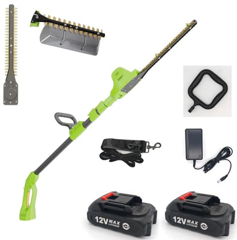 TenGoife Cordless Hedge trimmer long reach, 2 x 12V 2.0Ah batteries and charger, 2.95M Telescopic Pole Hedge Trimmer(Shoulder Strap, 180° Adjustable Head, Dual Action Blades, with 7 Positions)