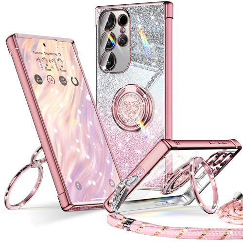 XYZ für Samsung Galaxy S22 Ultra Hülle mit Band, Herzen Doppelring Ständer Luxus Glitzer HandyHülle Kameraschutz, Frauen Stoßfest Elektroplattiert Soft TPU SchutzHülle Samsung S22 Ultra Case, Roségold