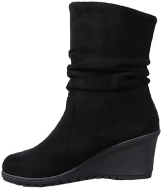 Stivaletti da donna in pelle scamosciata, con zeppa, alla moda, in autunno e inverno, per il tempo libero, con plateau e tacco medio, con zeppa, casual, comodi, invernali, tinta unita, Nero , 42 EU