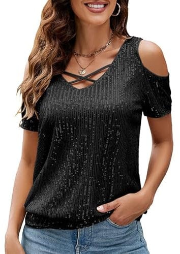 JASAMBAC Women's Sequin & Glitter Tops - Cross & V-Neck, Cold Shoulder, Evening & Festival Outfits - Black Sparkle Blouse