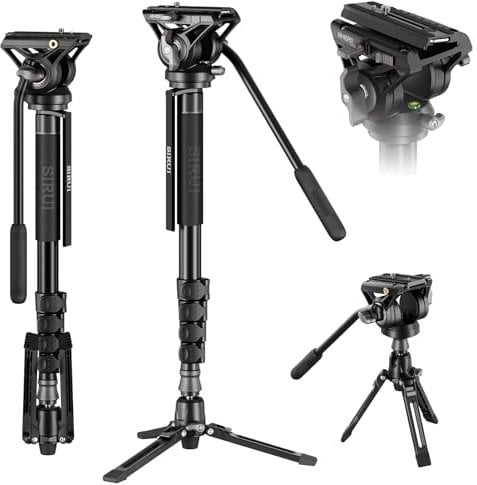 SIRUI Monopiede per Fotocamera con Piedini, 188 cm/74 Monopiede da Viaggio in Alluminio con Base per Treppiede con Testa Fluida Pan Tilt per Videocamera DSLR, Carico Massimo 8 kg/17,6 lb, AM-MDP02