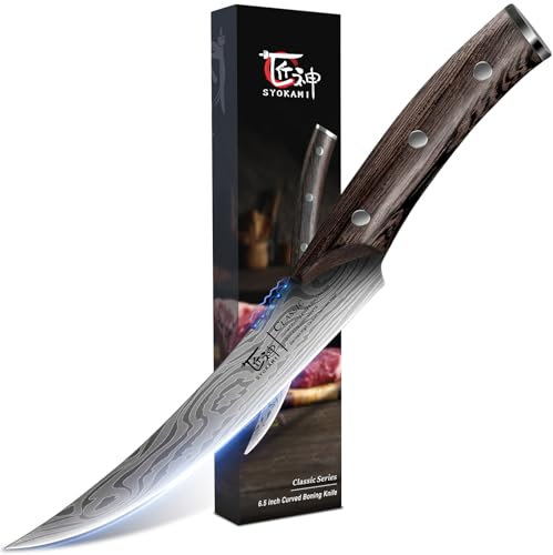 SYOKAMI Boning Knife for Meat Cutting, 6.5 Inch Fish Fillet Knife with Wood Handle, High Carbon Razor Sharp Curved Blade Deboning Knife with Exquisite Box Ideal for Gift