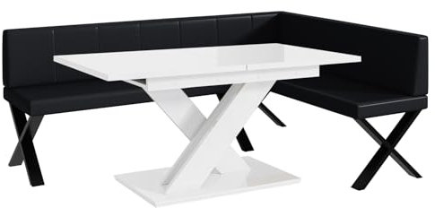 MEBLINI Eckbank für Esszimmer mit ausziehbarem Tisch - Küchenbank - Essecke - Sitzecke Küche - Peter - X-Beine 142x196x87cm Rechts - Schwarz Kunstleder/B Weiß Hochgl.