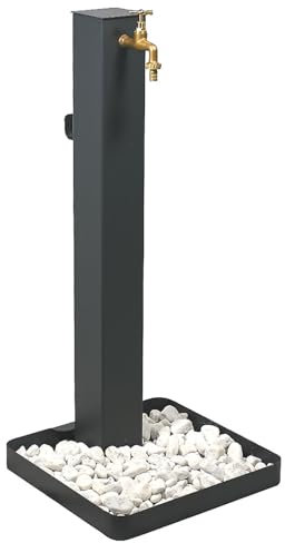 Fontana da Giardino Design a Colonna Quadrata Rubinetto in Ottone e Base con Ciottoli Antracite