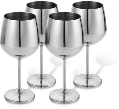 Oungy Set of 4 Large Stainless Steel Wine Glasses, 500ml/17.6oz Unbreakable Metal Wine Glass Reusable, Silver Goblet Stainless Steel Red Wine Glasses Long Stemmed Wineglass