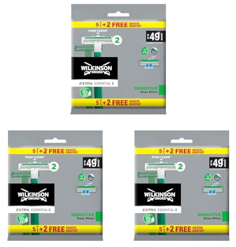 Wilkinson Sword Extra 2 Sensitive Einwegrasierer, 5 Stück + 2 Stück, Gleitstreifen mit Vitamin E zur Vermeidung von Hautreizungen, vollständiger Rasierschutz (Packung mit 3)
