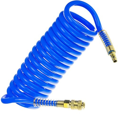 Druckluft Spiralschlauch SP-PU 5 m, Druckluftschlauch 10/14mm aus PU, max. Druck 10 Bar, mit Knickschutz und Schnellkupplung, geeignet für pneumatische Werkzeuge