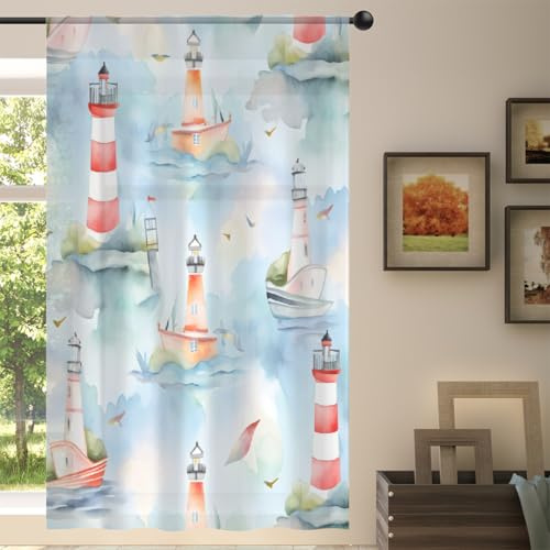 Mexpekil Voile-Vorhänge mit Leuchtturm-Motiv, halbtransparent, für Wohnzimmer, Schlafzimmer, Küche, 140 cm breit, 1 Vorhang