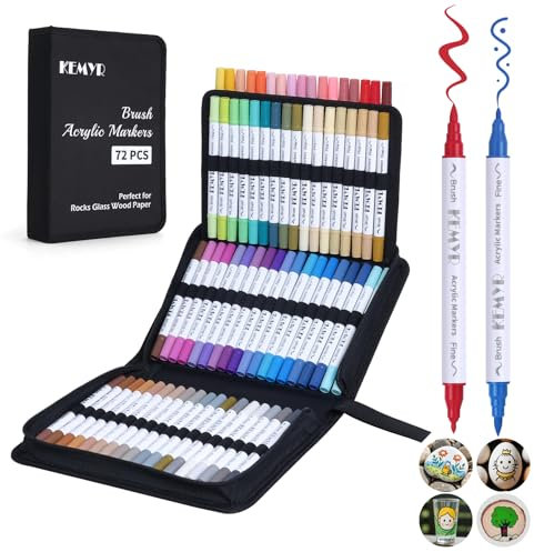 KEMYR 72 Colors Brush & Fine Tip Acrylic Paint Pens, Dual Tip Acrylic Paint Markers for Paper, Wood, Canvas, Stone, Rock, Glass, Fabric, DIY, Ceramic, Art Supplies for Adults Drawing