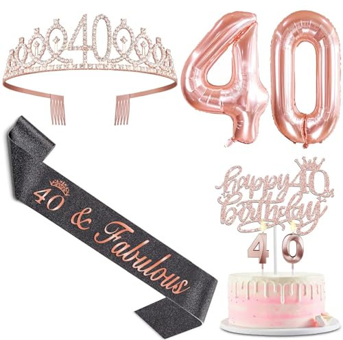 40. Geburtstag Frauen Deko, 40. Geburtstag Krone und Schwarz Schärpe, Happy Birthday Tortendeko Kerzen, Luftballons Rosegold, Geschenke für Frauen 40 Jahre
