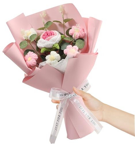 Xoeryoy Ramo de Flores de Crochet, Flores de Punto de Rosa con una Envoltura Exquisita, Ramo de Rosas de Crochet Artificial para el cumpleaños del Aniversario de San Valentín