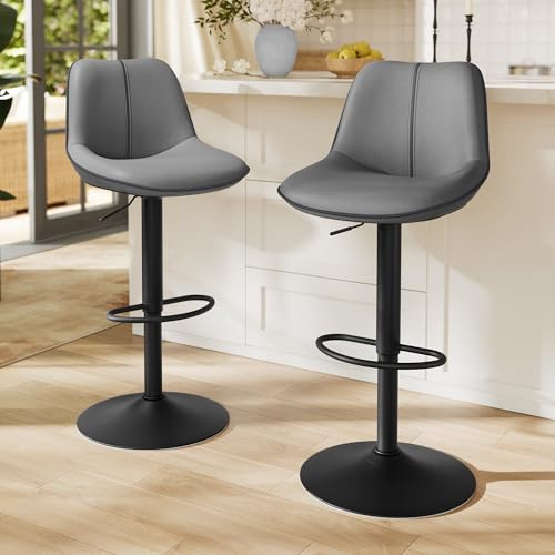 VASAGLE Bar Stools Set of 2, Height Adjustable Swivel Kitchen Stools, Quilt, Synthetic Leather Bar Chairs with Back and Footrest, Dining Room, Counter, Steel
