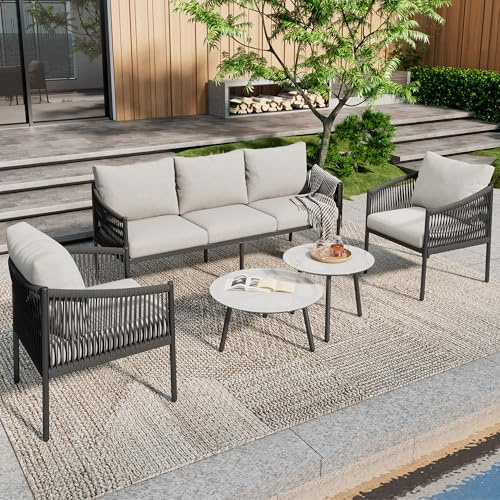 Gartenmöbel Set,Garten-Loungesessel-Set, 3-Sitzer-Sofa, 2 Sessel und 2 Couchtische, Outdoor, Glasplatte Marmor lackiert, handgeflochtenes Seil, grau