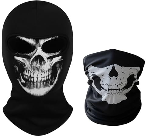 2 Stück Sturmhaube, Totenkopf Maske und Ghost Maske Set | 38x25cm Skull Mask und Scream Maske für Fahrradfahren, Horror Maske für Motorrad und Kostüme