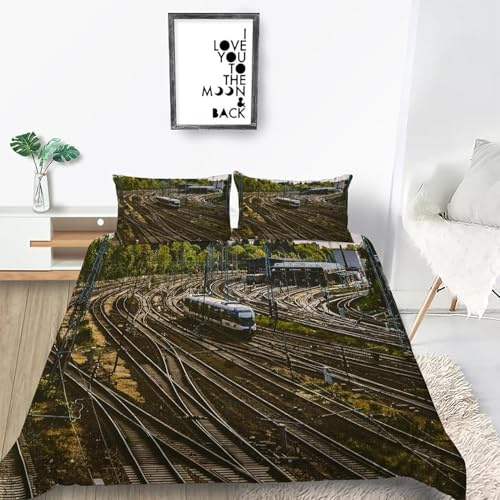 Bettwäsche 135x200 Eisenbahn Kuschelig Weiche Mikrofaser Bettwäsche-Sets Züge Bettbezug 135 x 200 3D Effekt Bettbezüge mit Reißverschluss und 2 Kissenbezüge 80x80 cm C-2760
