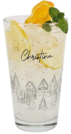 Herz & Heim® Personalisiertes Trinkglas zu Weihnachten – 300 ml Leonardo Glas – Geschenk & Tischdeko für Weihnachten – Winterliche Gläser mit Namensaufdruck – Weihnachtsmotive (Winterdorf)