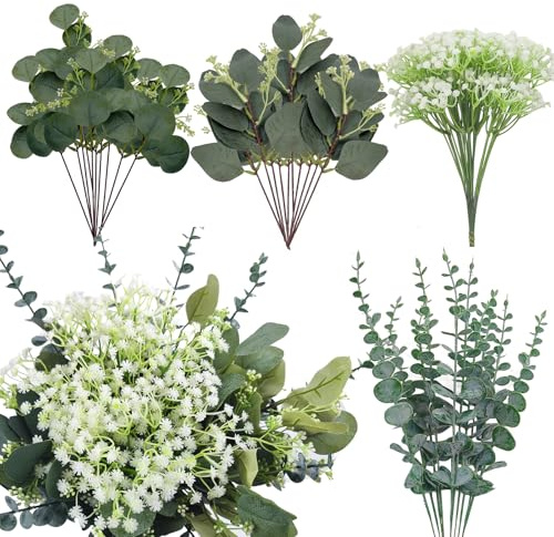 CoolCrafts 50 Stück Eukalyptus Künstliche und Schleierkraut Kunstblume im Set Eukalyptus Zweige Deko für Hochzeit, Zuhause und DIY-Projekte