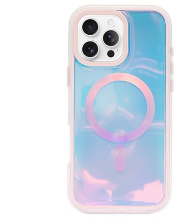 xo poppy Holographic Phone Case for iPhone 16 Pro Max, Airbag Protection Cover with Lightning Iridecent Design, Anti-Drop Technology Pink